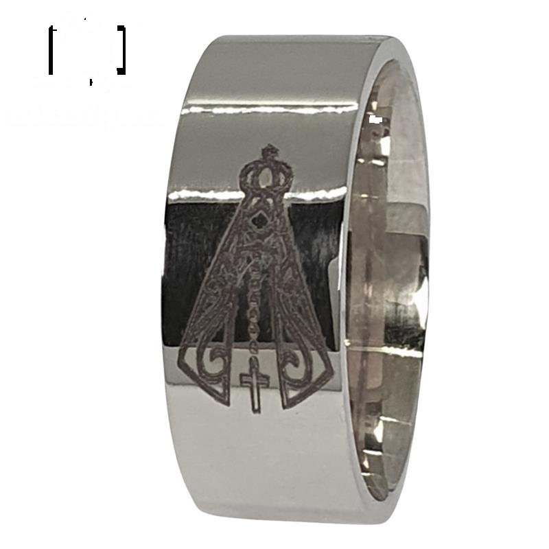 ALIANÇA DE PRATA 8,0MM QUADRADA C/ SÍMBOLO DE NOSSA SENHORA