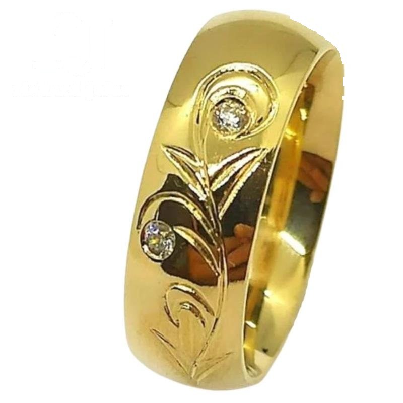 ALIANÇA DE MOEDA 8,0MM ABAULADA TRABALHADA C/02 PEDRAS