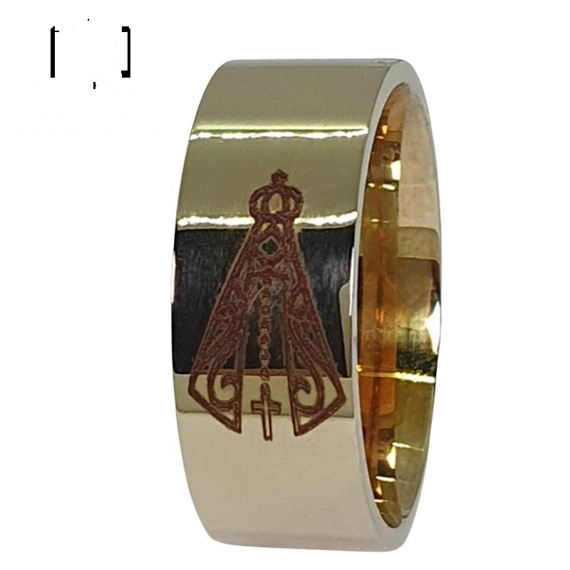 ALIANÇA DE MOEDA 8,0MM QUADRADA C/ SÍMBOLO DE NOSSA SENHORA APARECIDA