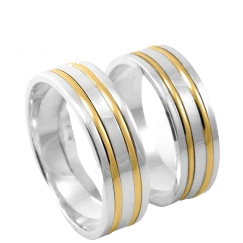 ALIANÇA DE PRATA C/FILETE DE OURO 10KL 6MM INTERNO RETO QUADRADA