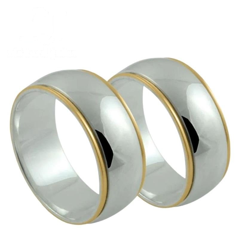 ALIANÇA DE PRATA C/FILETE DE OURO 10KL 8MM ABAULADA