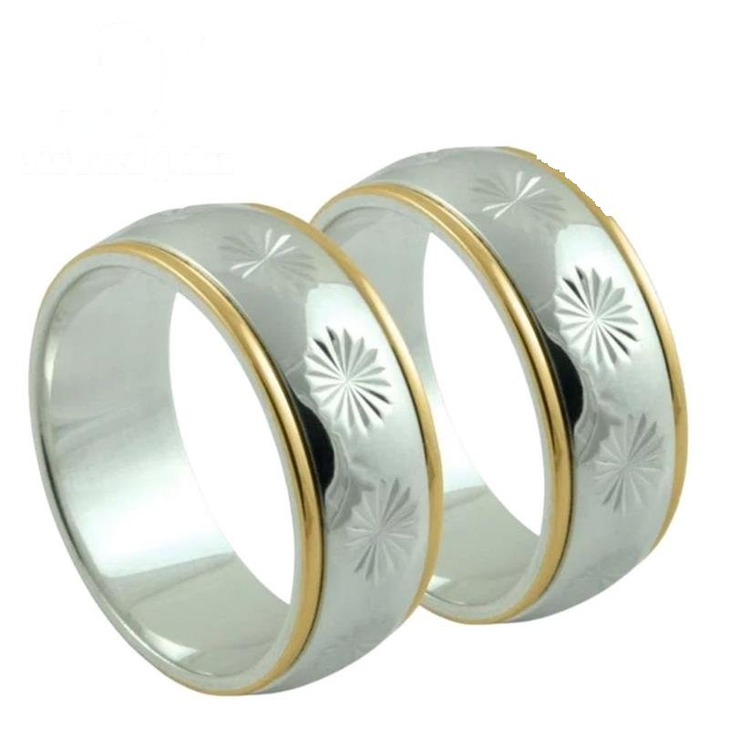 ALIANÇA DE PRATA C/FILETE DE OURO 10KL 8MM TRABALHADA