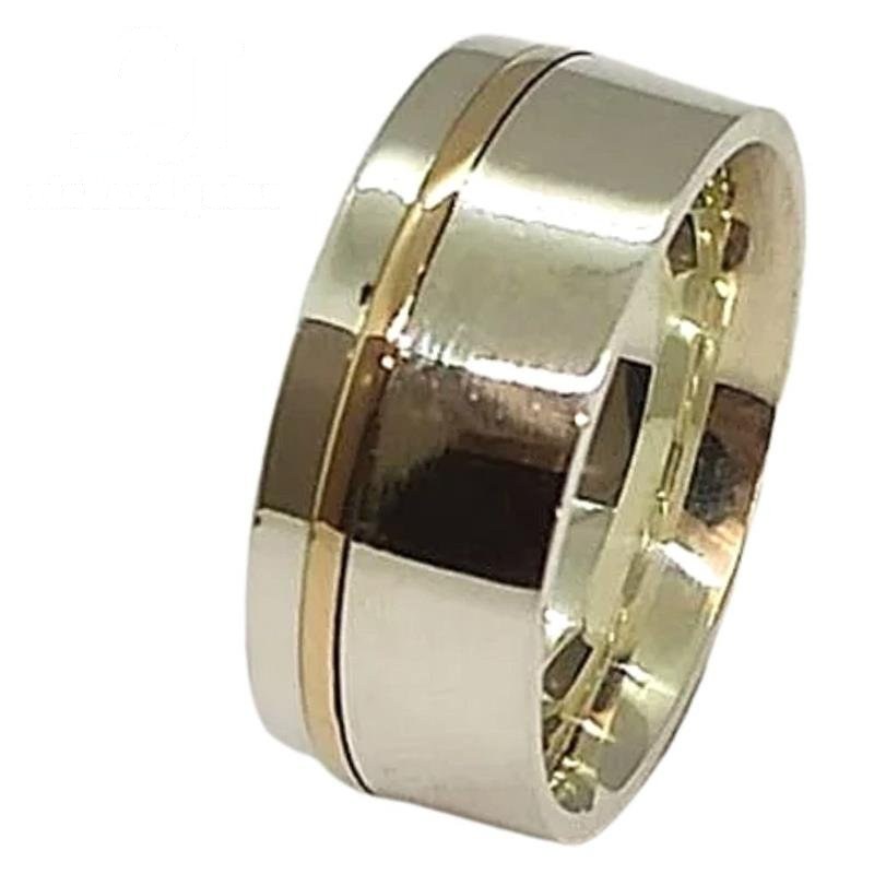ALIANÇA DE PRATA C/FILETE DE OURO 10KL 8MM *ANATÔMICA QUADRADA