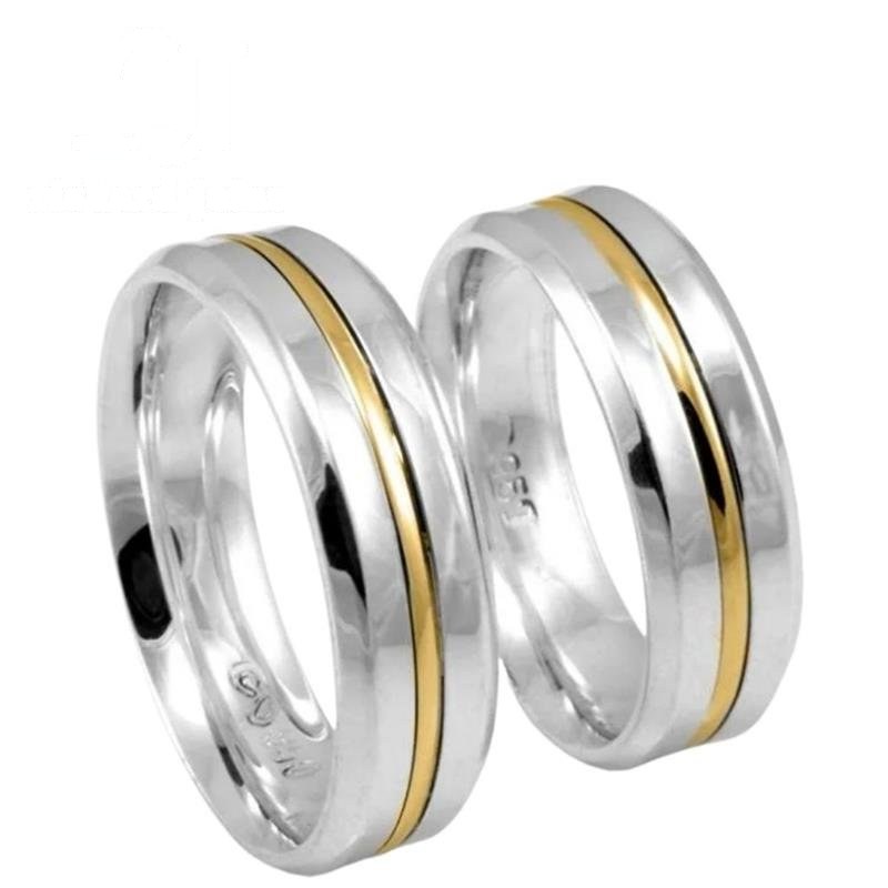 ALIANÇA DE PRATA C/FILETE DE OURO 10KL 6MM *ANATÔMICA CONCAVA