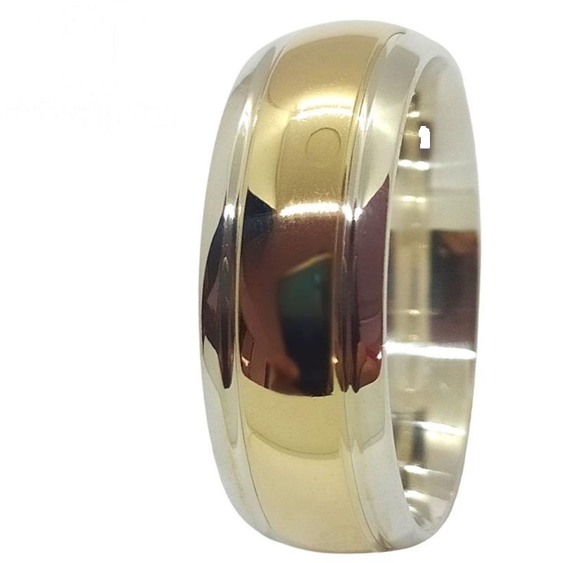 ALIANÇA DE PRATA C/CHAPA DE OURO 10K 8,0MM ABAULADA LISA