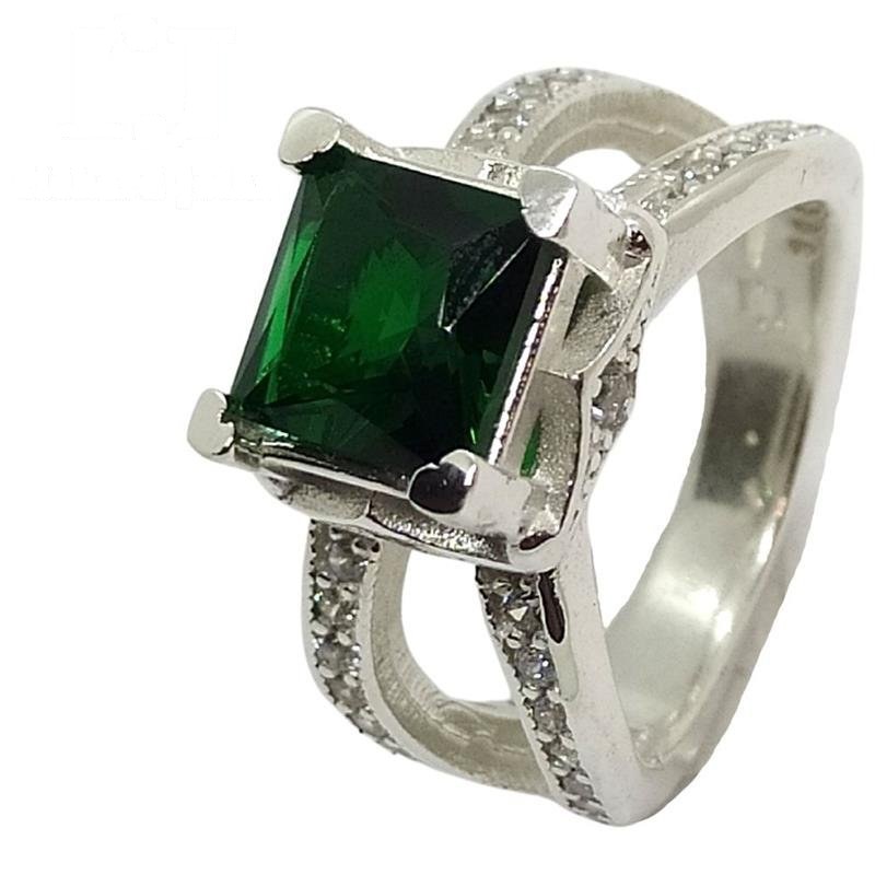 ANEL DE PRATA QUADRADO VERDE C/ 41 PEDRAS