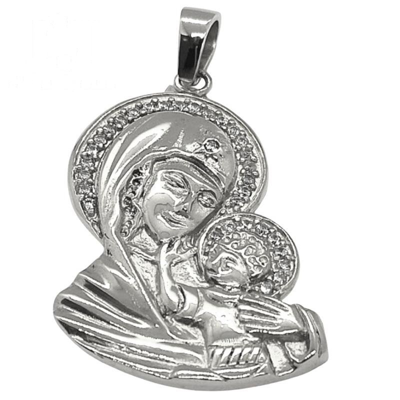 PINGENTE DE PRATA MARIA C/MENINO JESUS 32 PEDRAS DE TAMANHO 3,6 X 2,2