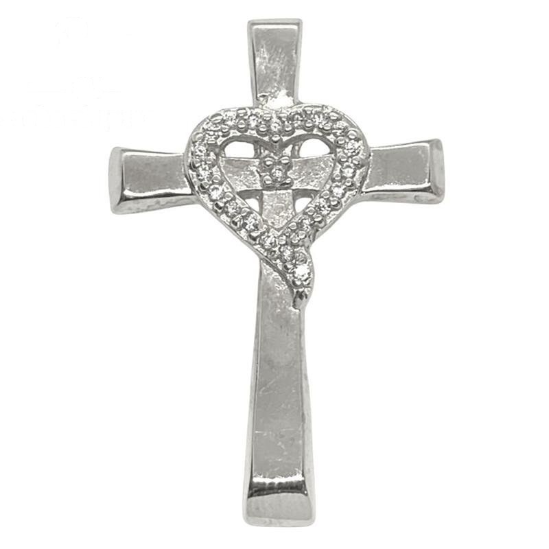 PINGENTE DE PRATA CRUCIFIXO C/CORAÇÃO DE TAMANHO 4X2,6
