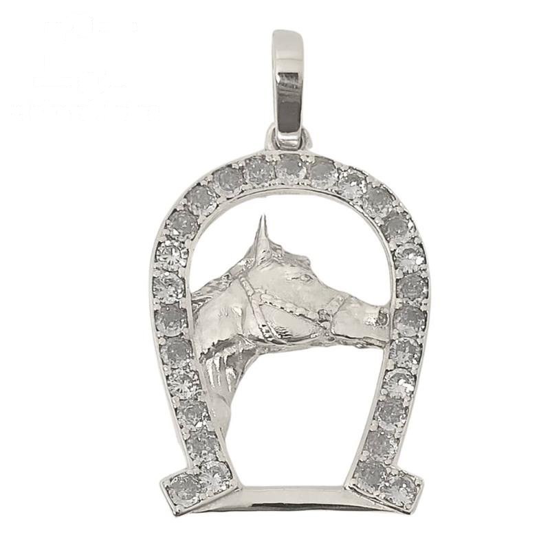 PINGENTE DE PRATA CAVALO DE TAMANHO 5,0X3,6CM CRAVEJADO C/ 27 PEDRAS DE 4MM
