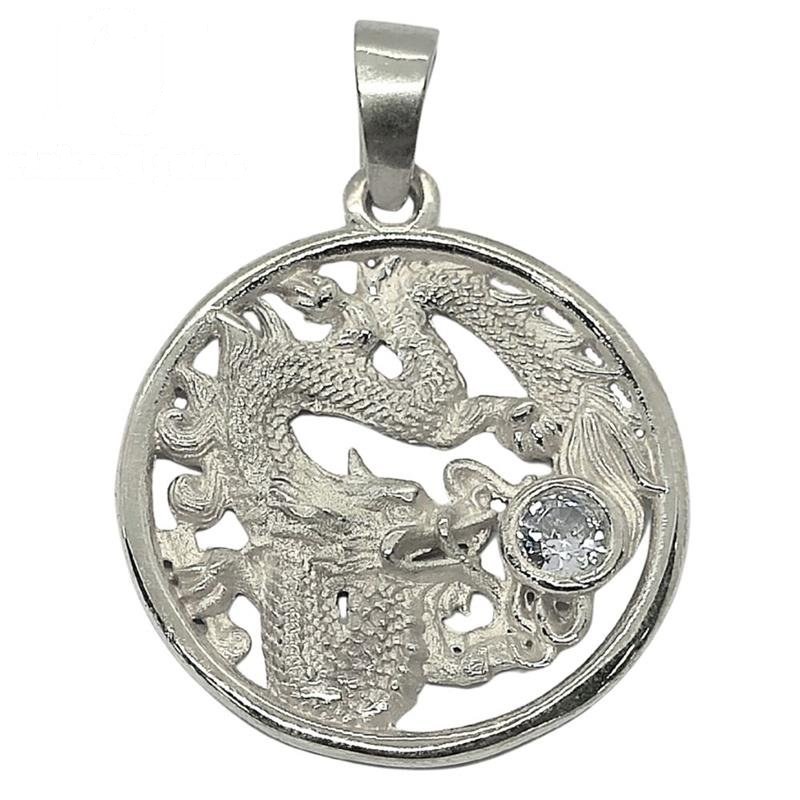 PINGENTE DE PRATA DRAGÃO CHINÊS DE TAMANHO 2,2 X 2,2 C/01 PEDRA
