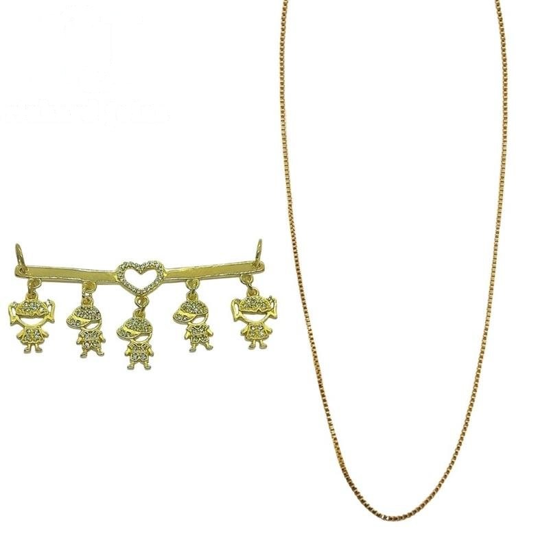PINGENTE DE MOEDA CANGA C/05 BONEQUINHOS E 87 PEDRAS 5,6 X 2,7 + CORRENTE FOLHEADA A OURO DE 45CM