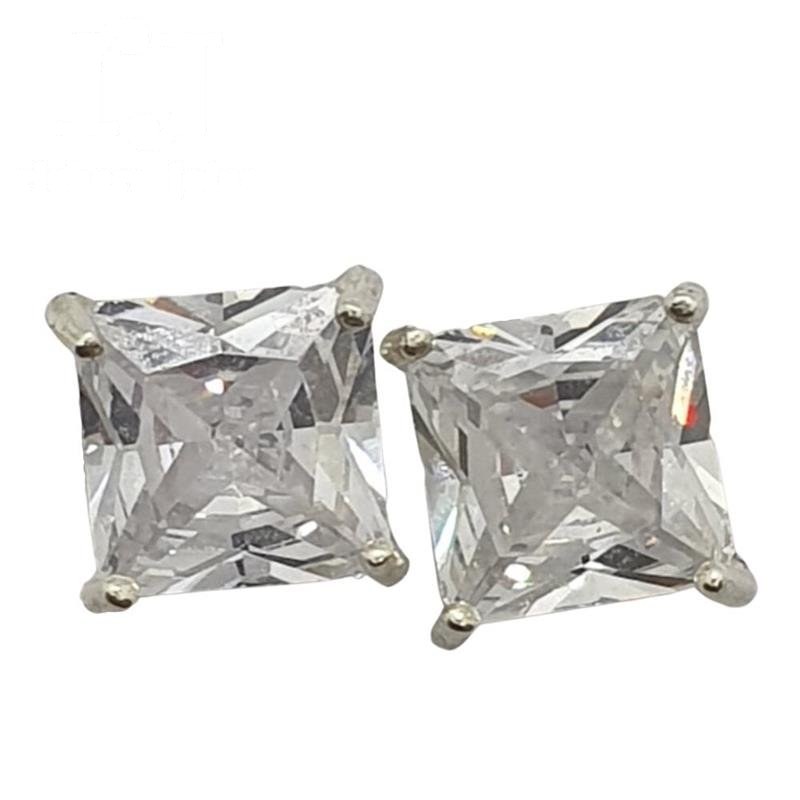 BRINCO DE PRATA PONTO DE LUZ PEDRA CARRE 6X6MM+TARRAXA