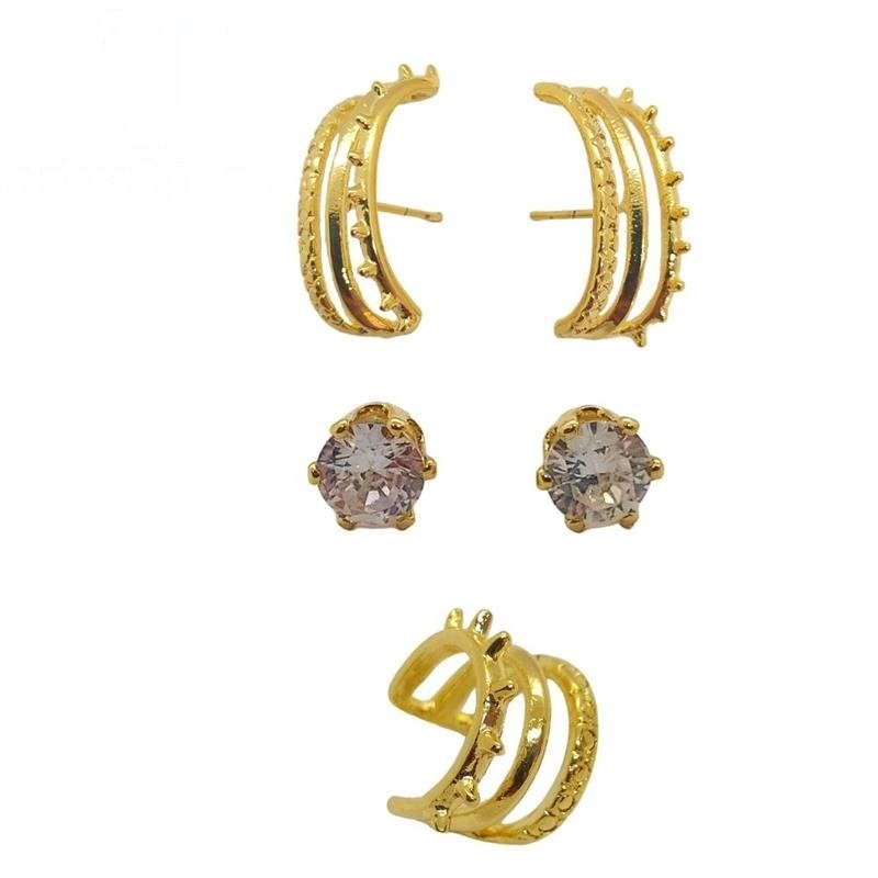 BRINCO FOLHEADO A OURO TRIO C/ STRASS E PIERCING