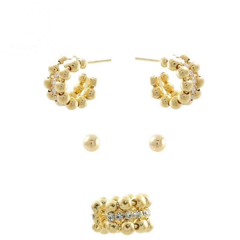 BRINCO FOLHEADO A OURO TRIO DE BOLA LISA COM STRASS E PIERCING