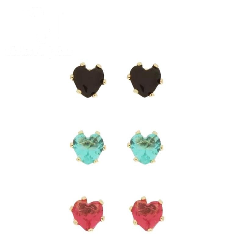 BRINCO FOLHEADO A OURO TRIO DE CORAÇÕES COLORIDOS (4MM)
