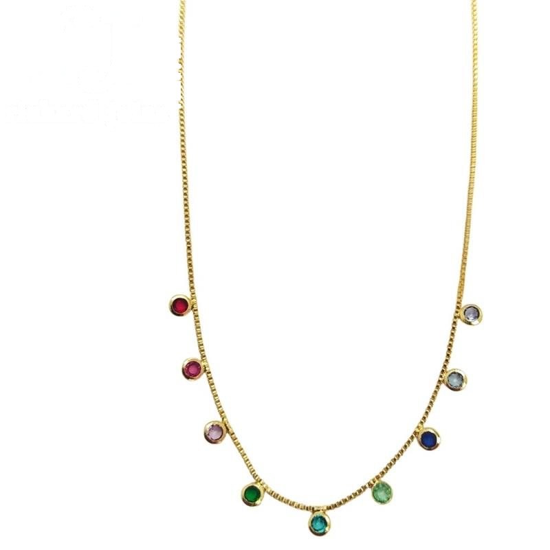CORRENTE FOLHEADO A OURO )VENEZIANA CHOCKER C/ PEDRINHAS COLORIDAS 3MM DE 40CM + 10 CM