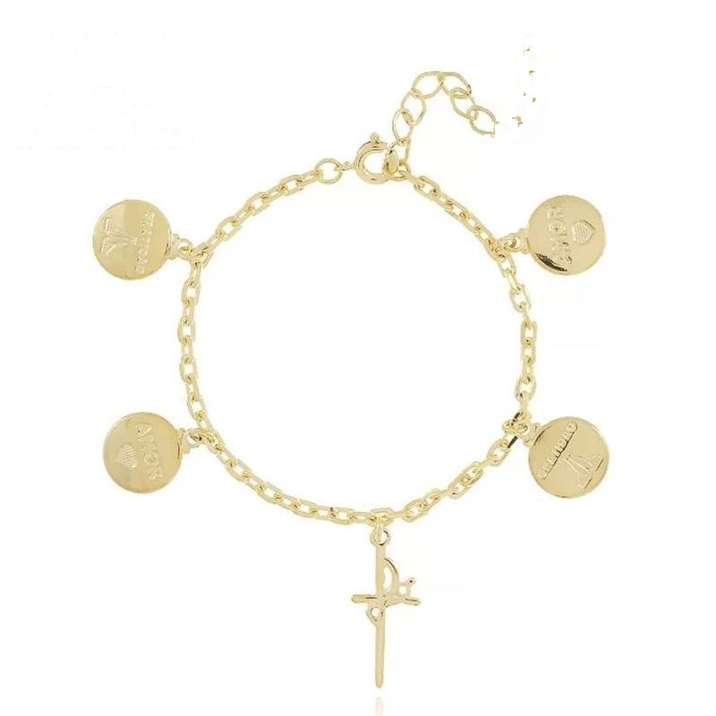 PULSEIRA FOLHEADO A OURO FÉ C/ PINGENTES 22CM
