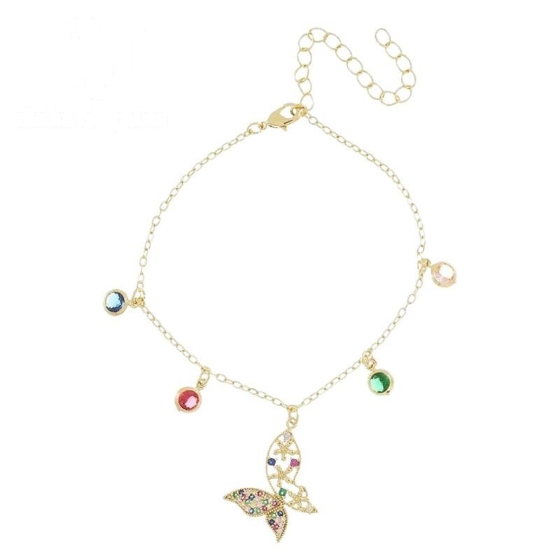 PULSEIRA FOLHEADO A OURO BORBOLETA COLORIDA 16CM+5CM