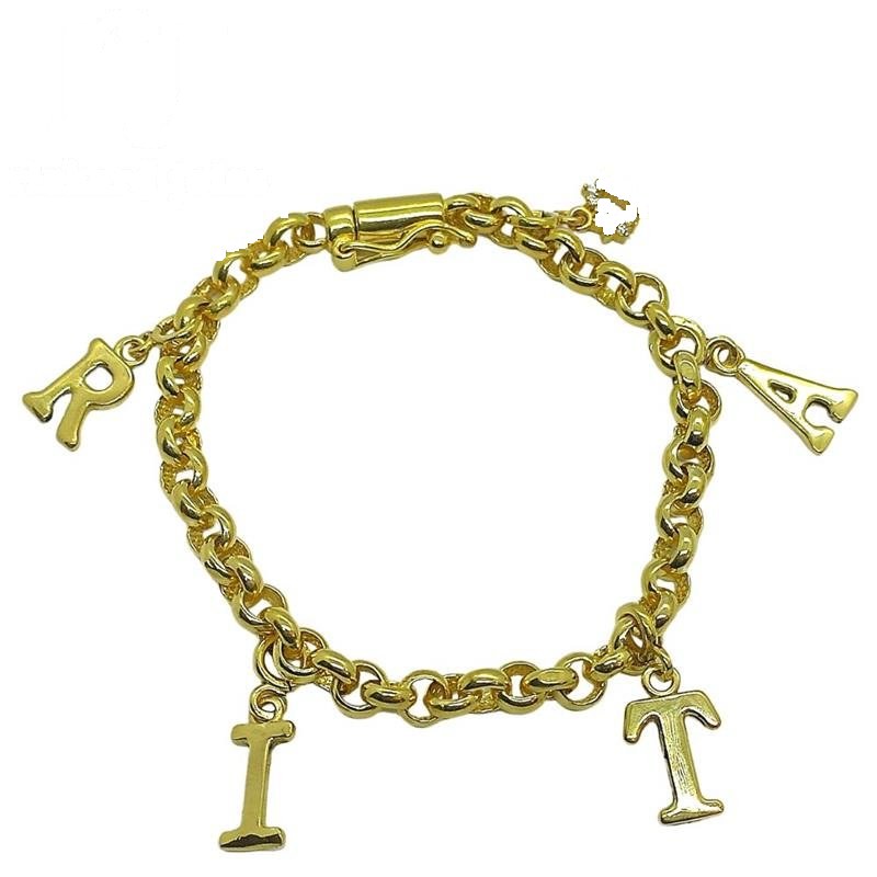 PULSEIRA DE MOEDA PORTUGUESA 17 CM E 6 MM C/04 PINGENTES LETRA E CORAÇÃO CRISTAL