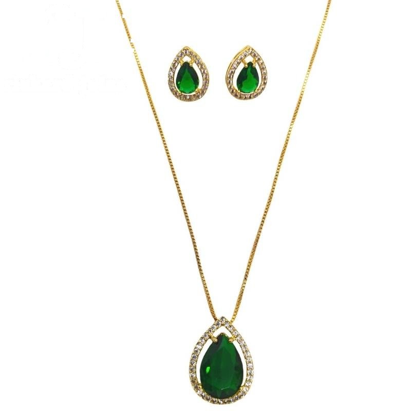 CONJUNTO FOLHEADO A OURO C/ CORRENTE VENEZIANA DE 45CM+5CM E BRINCO+PINGENTE GOTA COR ESMERALDA