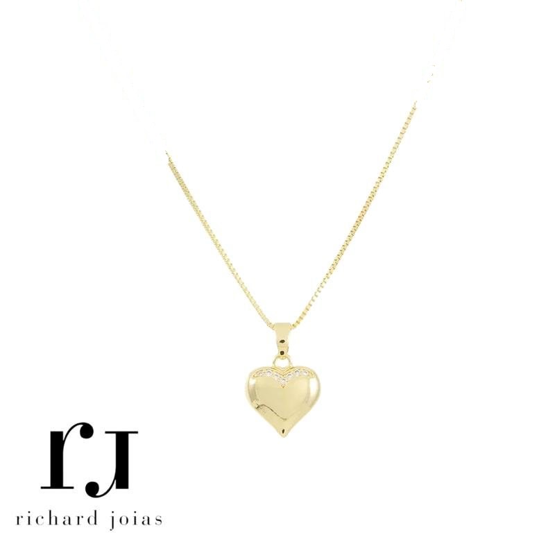 CONJUNTO FOLHEADO A OURO C/ CORRENTE VENEZIANA 40CM+5CM E PINGENTE CORAÇÃO C/ 7 PEDRAS