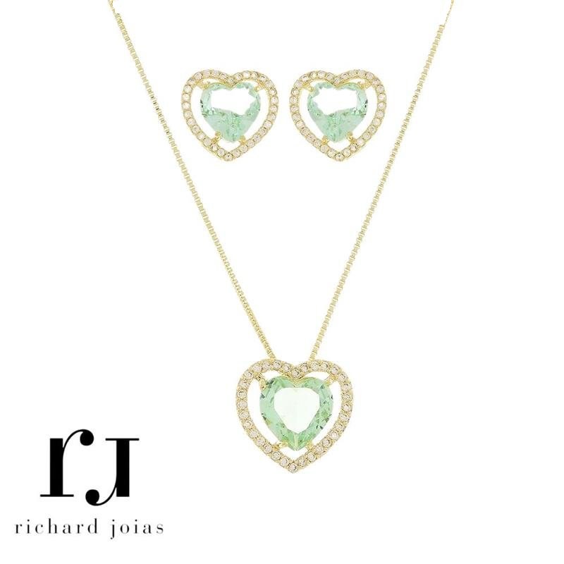 CONJUNTO FOLHEADO A OURO CORAÇÃO 10MM VERDE CLARO CRAVEJADO C/ CORRENTE VENEZIANA 45CM+5CM