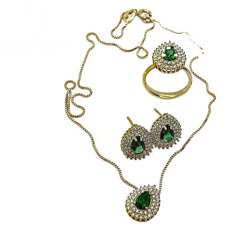 CONJUNTO DE MOEDA C/ PINGENTE GOTA + BRINCO GOTA + ANEL GOTA + CORRENTE VENEZIANA FOLHEADA A OURO DE 40CM