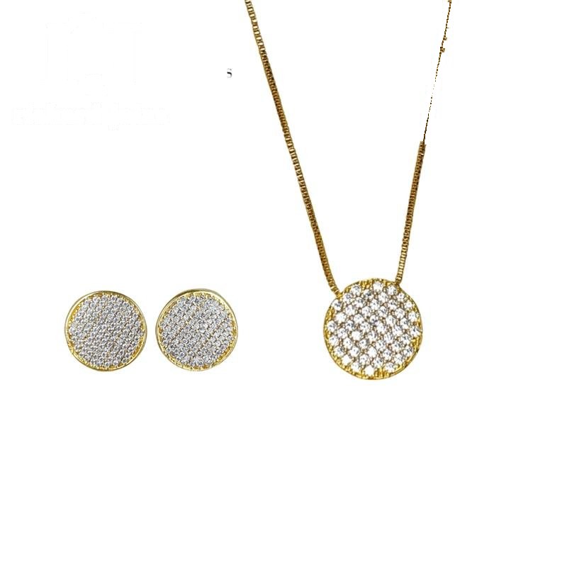 CONJUNTO DE MOEDA C/ PINGENTE REDONDO GRANDE+BRINCO+CORRENTE VENEZIANA FOLHEADA A OURO 40CM
