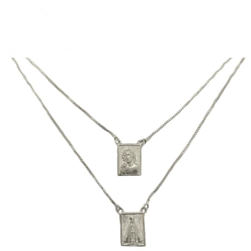 ESCAPULÁRIO DE PRATA 925 NOSSA SENHORA APARECIDA C/ CORRENTE VENEZIANA 60CM