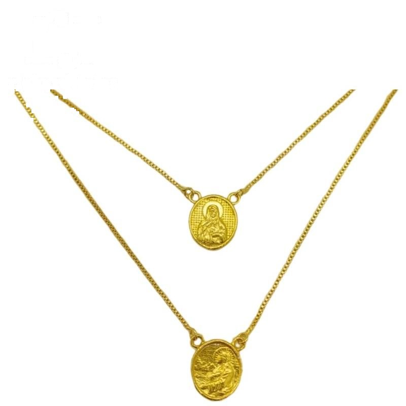 ESCAPULÁRIO DE MOEDA SAGRADO CORAÇÃO DE JESUS C/ CORRENTE VENEZIANA FOLHEADA A OURO 60CM